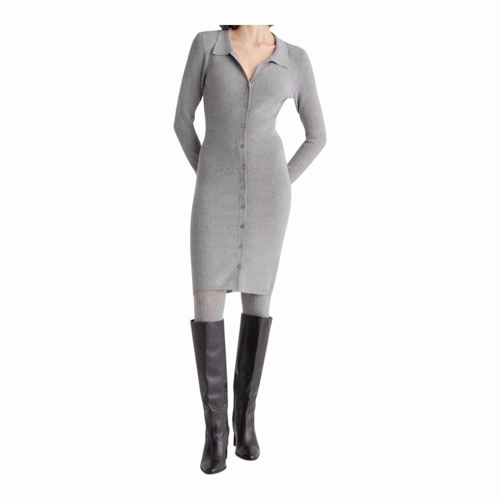 Quince Gray Eco Knit‎ Button Front Sweater Dress Ribbed Midi S
